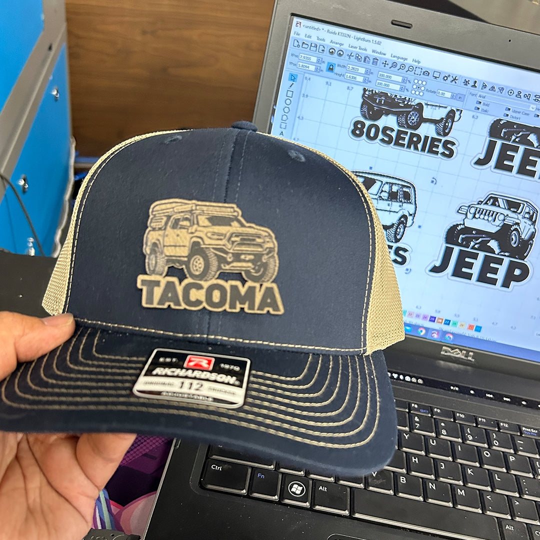 Laser engraving leather patches for hats